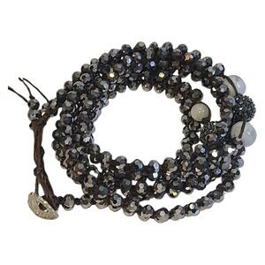 Silver Gray Crystal Glass Leather Wrap Cuff Bracelet‎